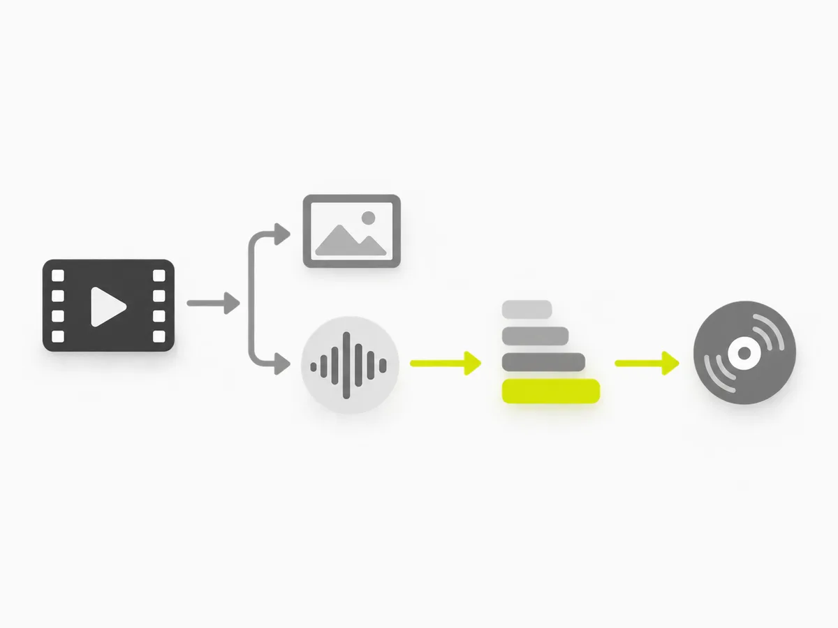 Diagram: an audio waveform being converted into transcript text